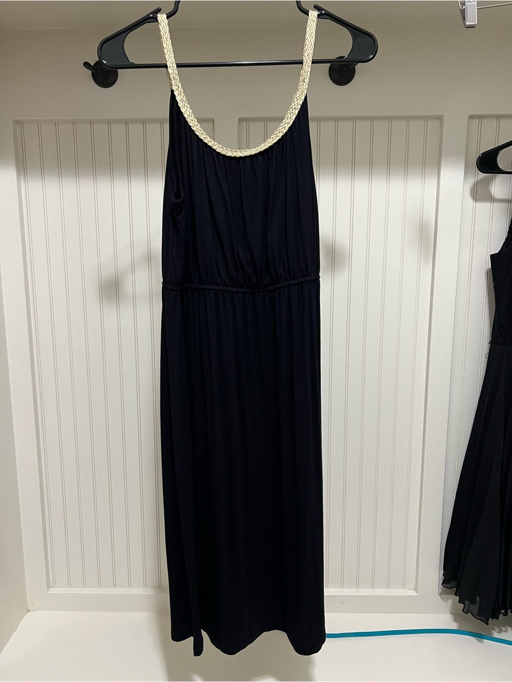 Black Midi Dress with Braided Gold Neckline
